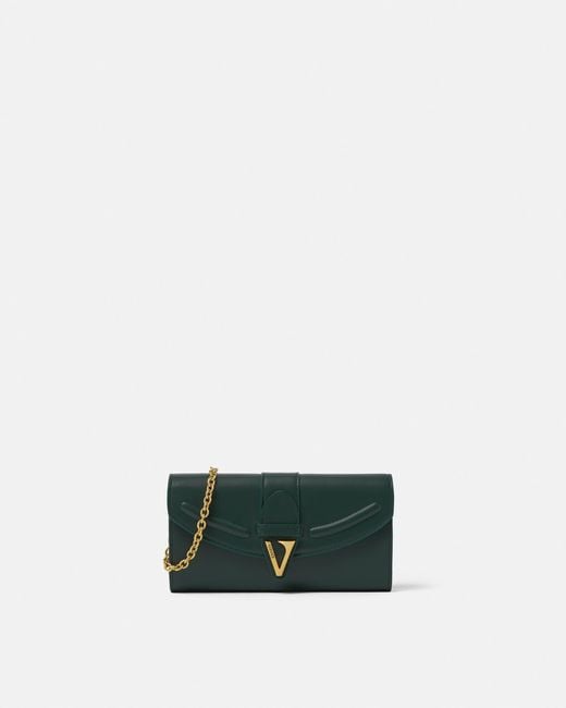 Versace Green V Leather Wallet On Chain