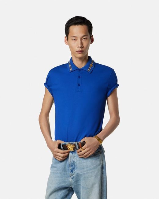 Versace Blue Embroidered Cotton Piqué Polo for men