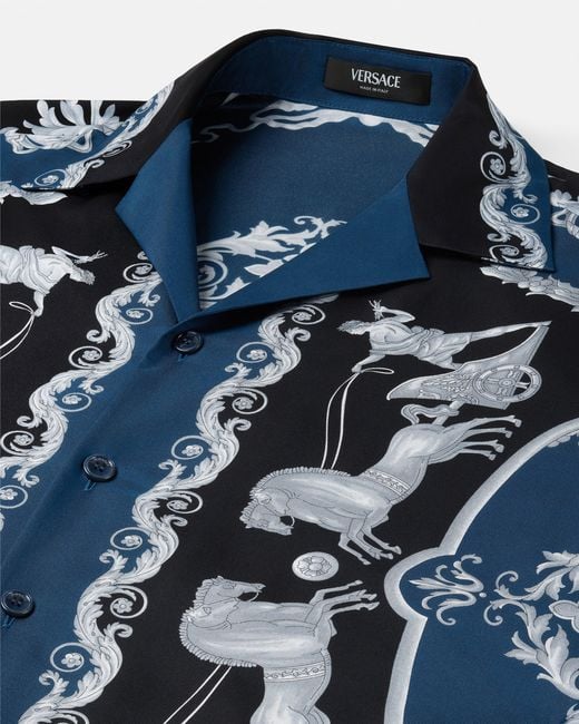 Versace Blue Printed Silk Twill Regular Shirt for men