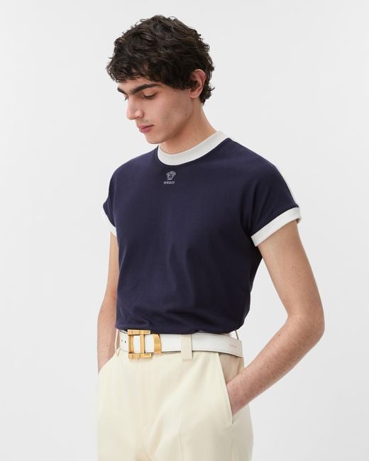 Versace Blue Embroidered-Logo Stretch Cotton-Jersey Slim T-Shirt for men