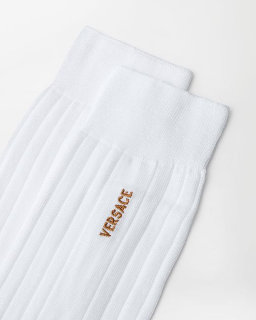 Versace White Embroidered Cotton Ribbed Socks for men