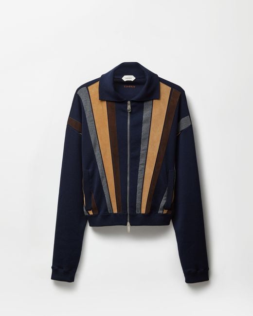 Versace Blue Intarsia-Wool & Leather Patchwork Zip Sweater for men