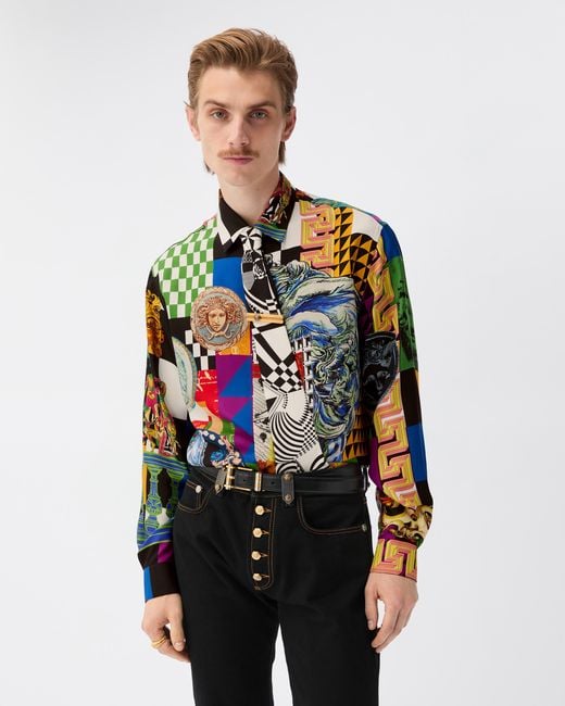 Versace White Printed Silk Twill Regular Shirt for men