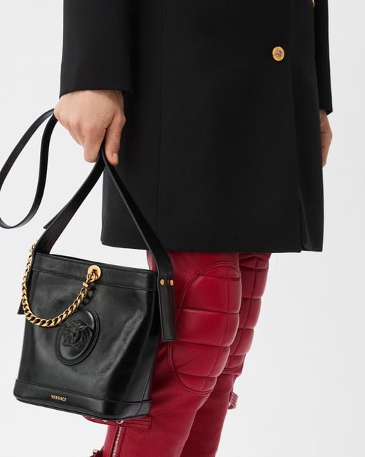 Versace Black Pivot Mini Leather Bucket Bag