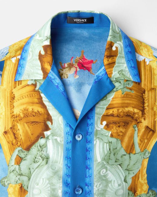 Versace Blue Printed Silk Twill Slim Shirt for men