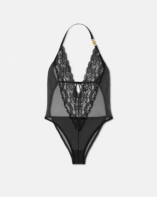 Versace Black Embroidered Lace-Trim Bodysuit
