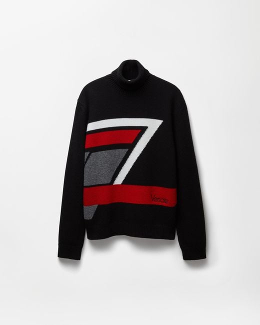 Versace Black Wool Intarsia Knit Turtleneck Sweater for men