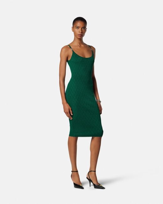 Versace Green V Allover Jacquard Knit Fitted Mini Dress