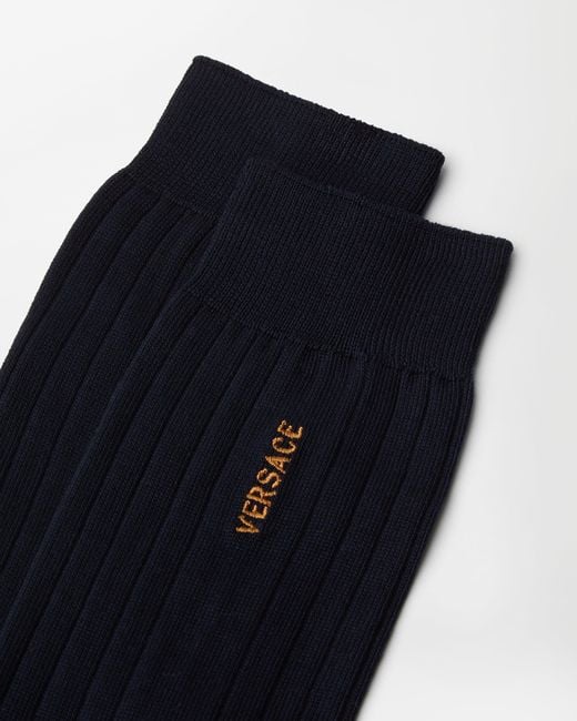 Versace Blue Embroidered Cotton Ribbed Socks for men