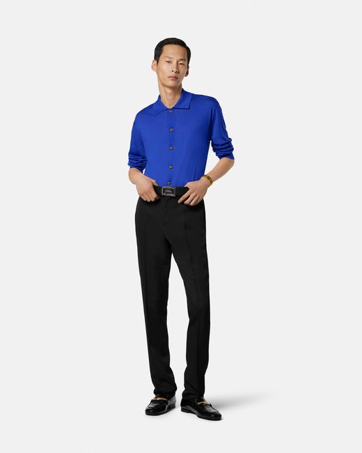 Versace Blue Silk-Cotton Knit Polo Cardigan for men