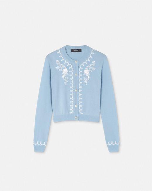 Versace Blue Embroidered Cashmere Knit Cardigan
