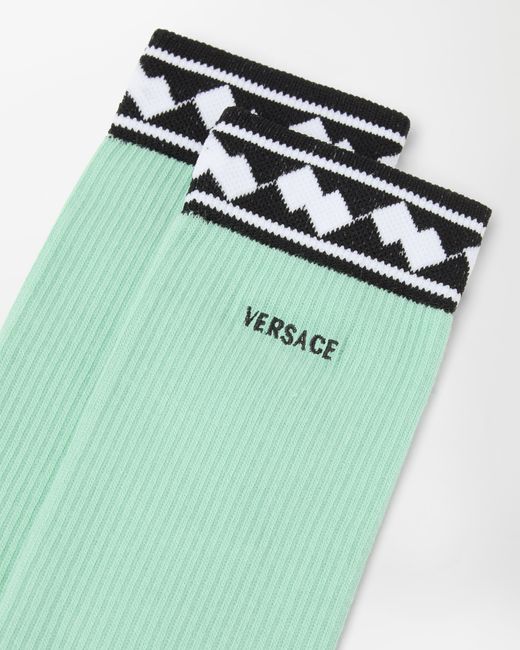 Versace Blue Embroidered-Logo Cotton Ribbed Socks for men