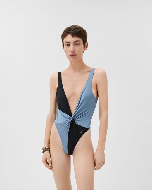 Versace Blue Embroidered-Logo One-Piece Swimsuit