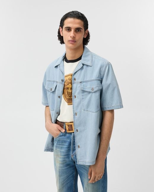 Versace Blue Embroidered-Logo Denim Cotton Shirt for men
