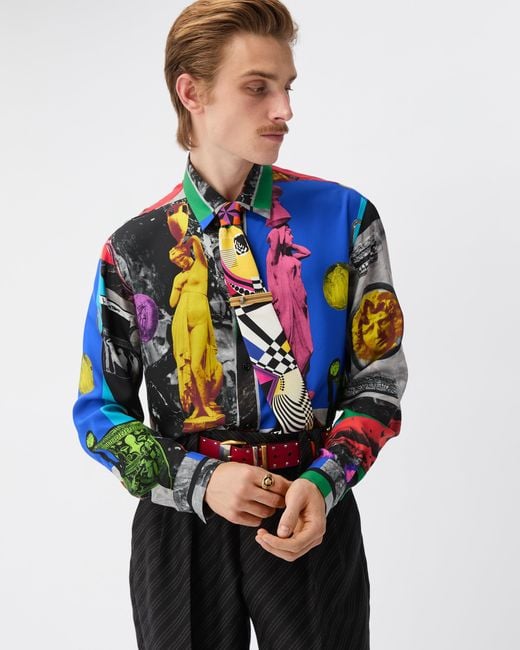 Versace Blue Printed Silk Twill Regular Shirt for men