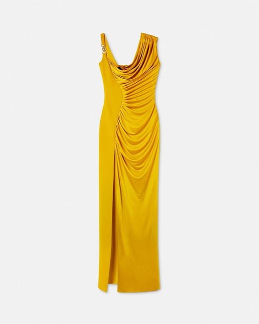Versace Yellow Embellished Crepe And Pleated Satin Gown