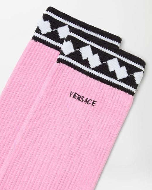 Versace Pink Embroidered Cotton Ribbed Socks
