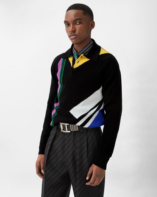 Versace Black Wool Intarsia Knit Polo Sweater for men