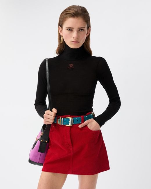 Versace Black Embroidered-Logo Wool Knit Turtleneck