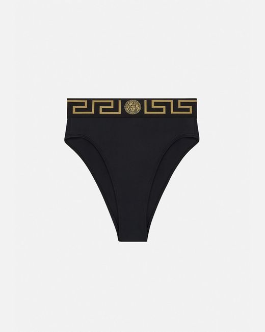 Versace Black Greca Border High Waist Bikini Bottoms