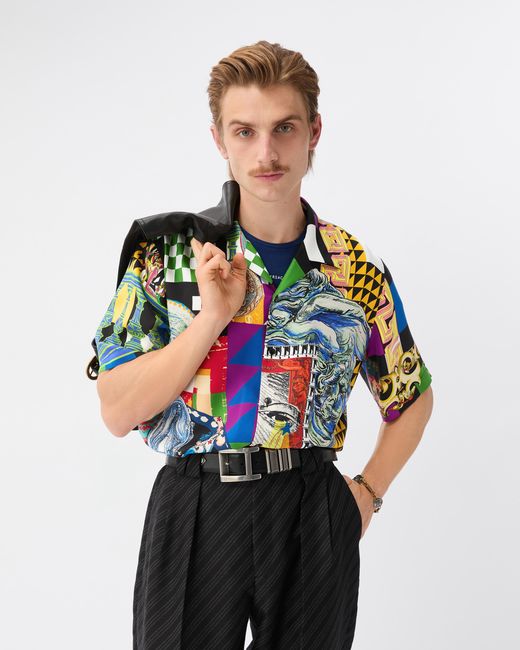 Versace Blue Printed Silk Twill Regular Shirt for men