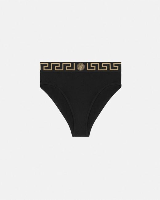 Versace Black Slip De Bain Taille Haute À Bordure Greca