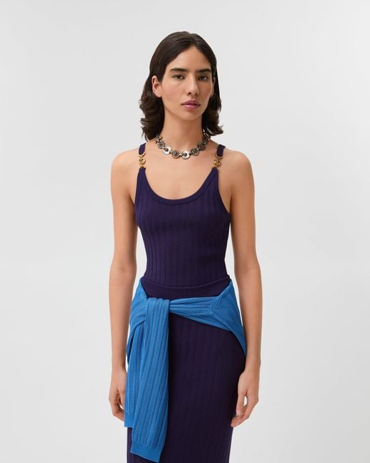 Versace Blue Stretch Viscose Mesh Ribbed Knit Top