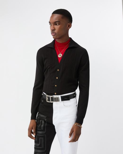 Versace Black Silk & Cotton Knit Polo Cardigan for men