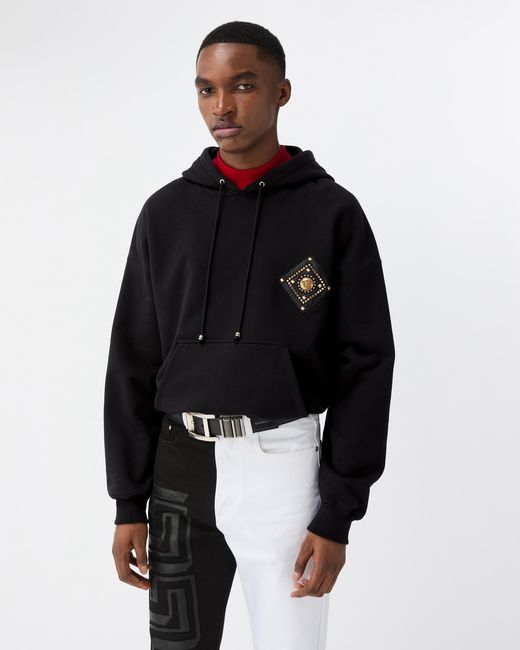 Versace Black Embellished Cotton-Jersey Hoodie for men