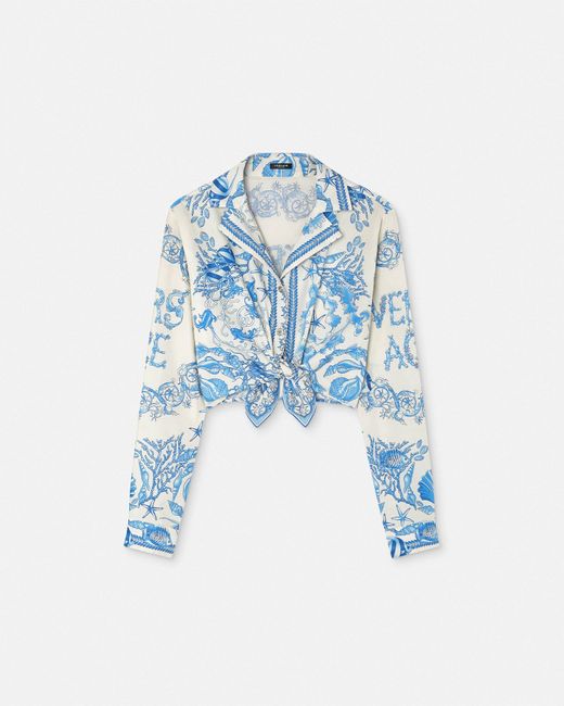 Versace Blue Underwater Barocco Knotted Crop Cotton Shirt