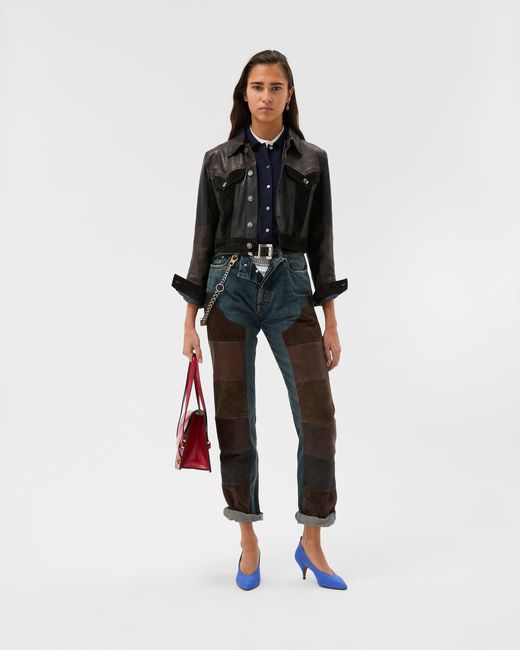 Versace Green Leather Patchwork Straight Jeans