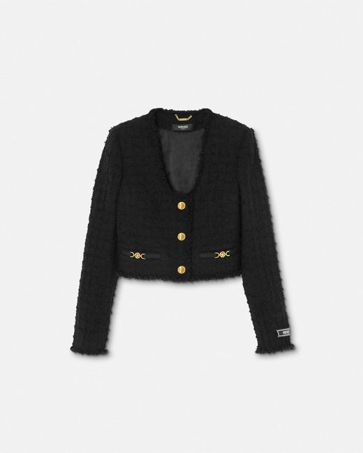 Versace Black Heritage Tweed Crop Cardigan Jacket