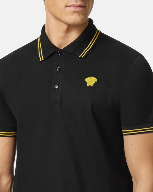 Versace Black Embroidered Cotton Piqué Polo for men