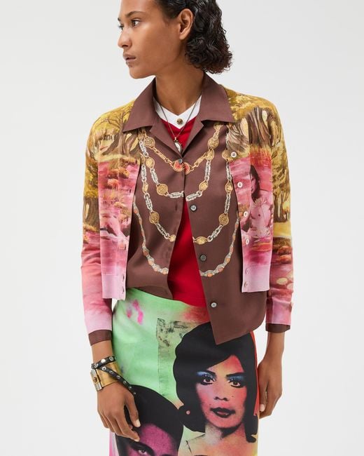 Versace Red Printed Silk Knit Cardigan