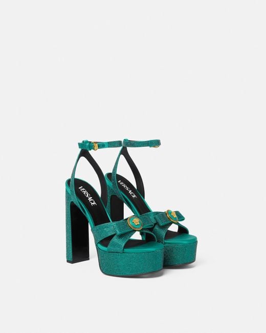 Versace Green Gianni Ribbon Embellished Satin Sandals 140 Mm