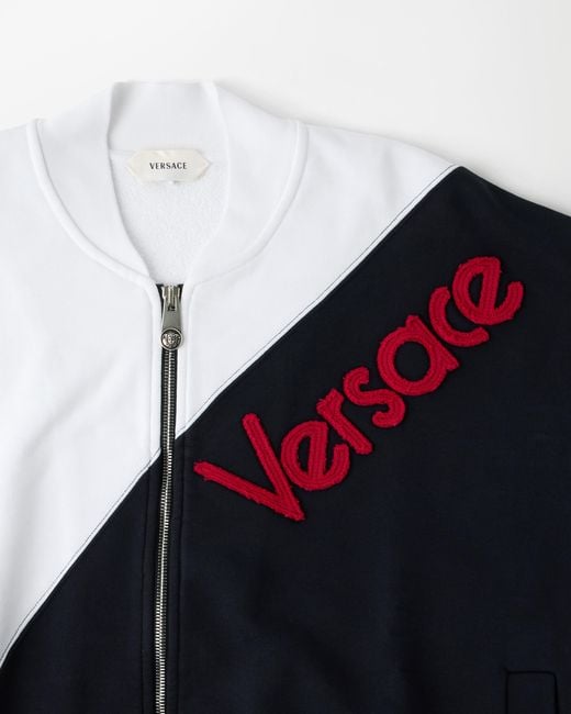 Versace Blue Embroidered-Logo Cotton Zip Sweatshirt for men