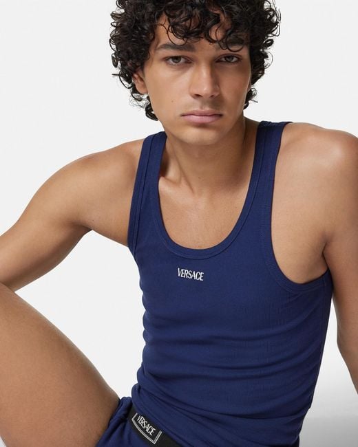 Versace Blue Cotton Ribbed Rank Top for men