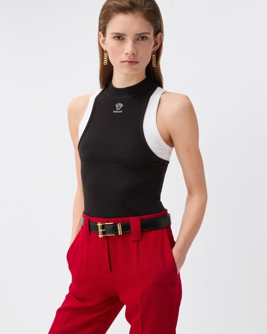 Versace Black Embroidered-Logo Stretch Cotton-Jersey Tank Top