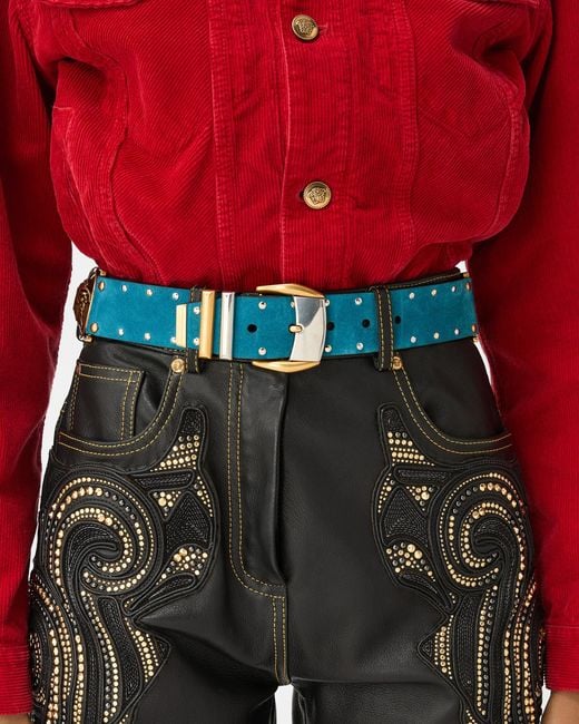 Versace Blue Studded Suede Belt 4 Cm