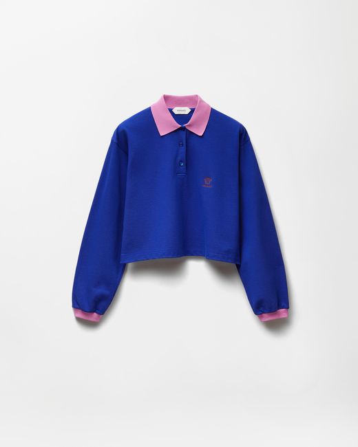 Versace Blue Embroidered-Logo Cotton Piqué Long-Sleeved Polo