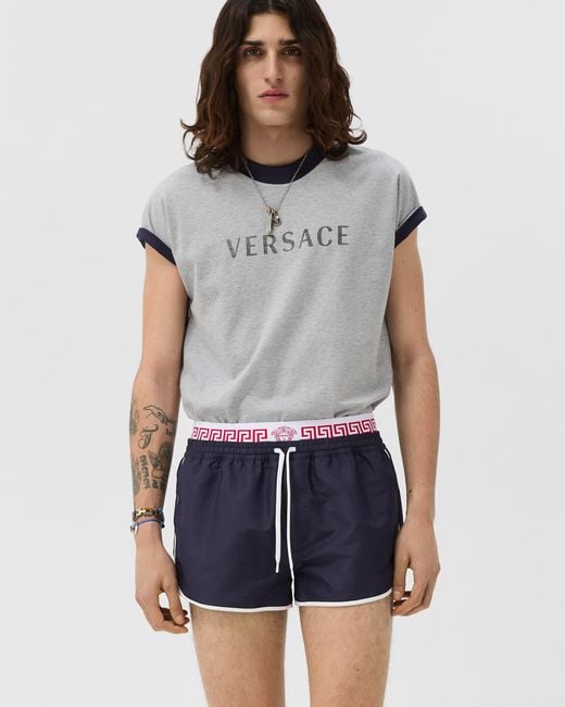 Versace Blue Double-Waistband Swim Shorts for men
