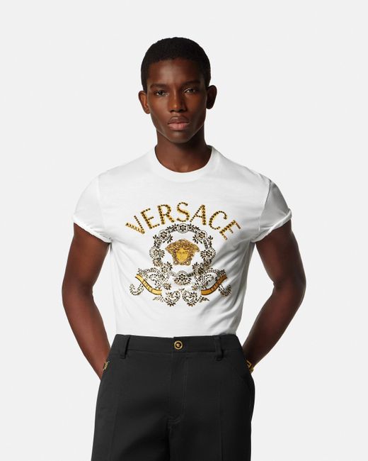 Versace White Embroidered Cotton-Jersey Slim T-Shirt for men