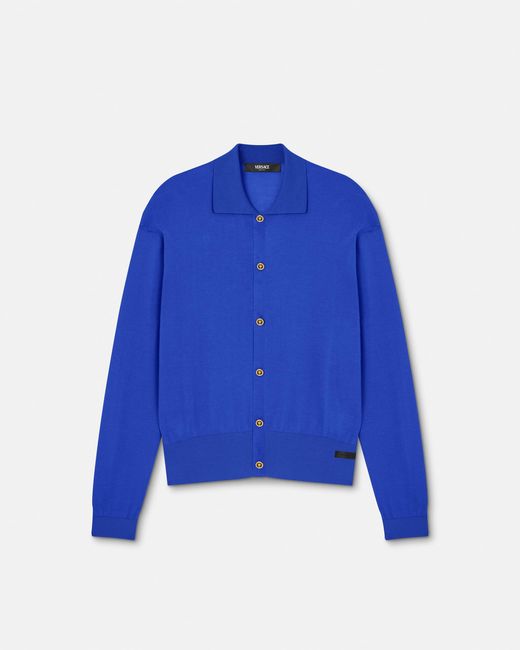 Versace Blue Silk-Cotton Knit Polo Cardigan for men