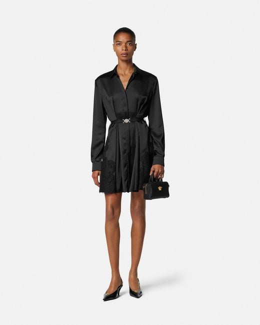Versace Black Lace-Trim Satin Mini Shirt Dress