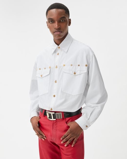 Versace White Embroidered-Detail Cotton-Poplin Shirt for men