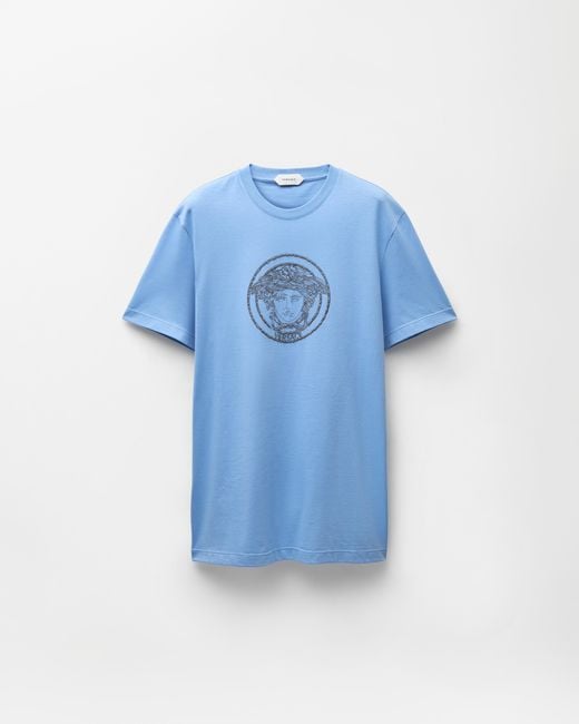 Versace Blue Embroidered-Logo Cotton-Jersey Slim T-Shirt for men