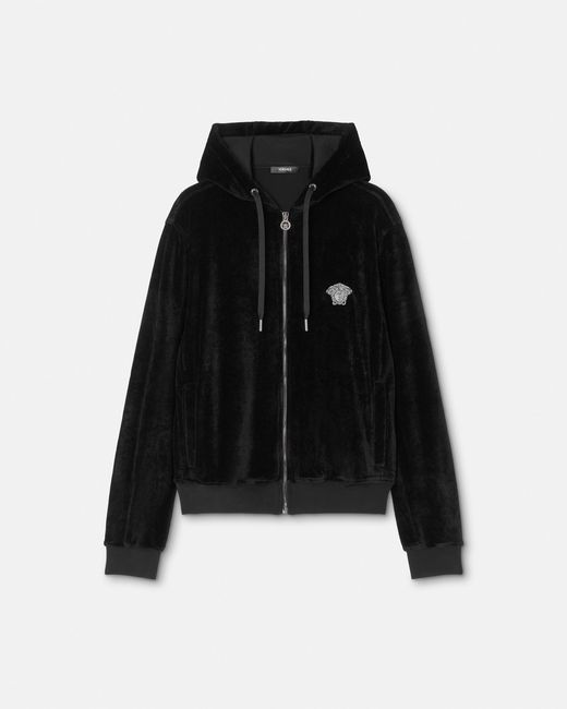 Versace Black Embroidered Chenille Zip Hoodie for men