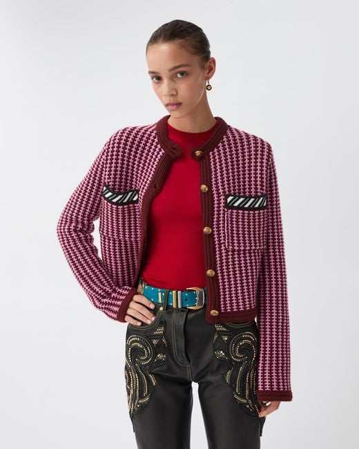 Versace Purple Wool Crochet-Stitch Knit Cardigan