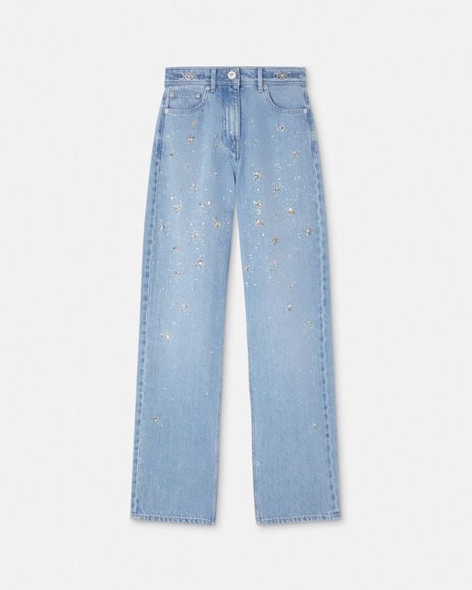 Versace Blue Embellished High-Waist Regular-Fit Jeans