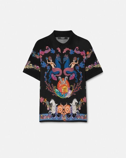 Versace Blue Coral Theatre Knit Silk Polo Shirt for men